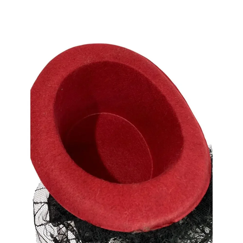 Victorian Style Top Hat Womens Red Spiderweb Veil Feather